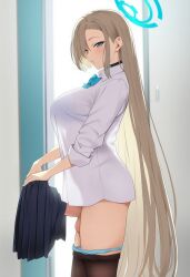 1futa 1girl ai_generated asuna_(blue_archive) black_skirt blonde_hair blue_bra blue_panties bowtie bra_visible_through_clothes brown_pantyhose choker erection eyelashes from_side futa_only futanari gerumusi halo holding_unworn_clothes large_breasts locker_room panties_pull pantyhose pantyhose_pull standing straight_hair testicles undressing untucked_shirt very_long_hair weatdrop white_dress_shirt