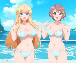 2girls bare_legs bare_shoulders beach blonde_hair blue_eyes brown_eyes brown_hair cleavage elf elf_ears hair_ornament large_breasts long_hair looking_at_viewer medium_breasts short_hair smile standing string_bikini sunglasses sunglasses_on_head