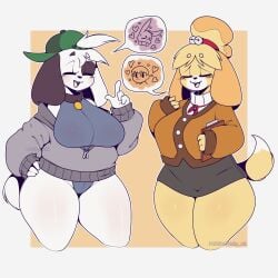 animal_crossing big_breasts big_thighs blush canine closed_eyes clothing dog_collar dog_ears doki_(character) doki_(discovery_kids) doki_(fem.doki) domestic_dog furry furry_female isabelle_(animal_crossing) maiky_atk white_fur yellow_fur