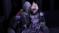 2boys blonde_hair cloud_strife final_fantasy final_fantasy_vii gay raspberrysc sephiroth tight_clothing white_hair