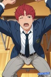 ai_generated brown_eyes bulge bulge_through_clothing dandadan jin_enjoji light-skinned_male light_skin male_only moaning one_eye_closed red_hair school_uniform senpai_sauce yaoi