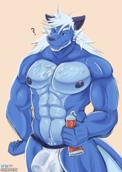 anthro blue_body blue_fur bulge clothed clothing detailed_bulge fur generation_5_pokemon genital_outline hair hi_res male muscular muscular_male nintendo penis_outline pokemon pokemon_(species) question_mark samurott shirokoi solo topless underwear white_hair