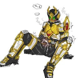 ... 1boy after_sex armor armored_male belt blush blushing_through_mask bodysuit bodysuit_bulge cum cum_through_bodysuit diamond_(shape) erection erection_under_bodysuit gold_armor green_eyes heart heart_symbol heavy_breathing helmet kamen_rider kamen_rider_blade_(series) kamen_rider_garren leaning_on_hands legs_apart legs_spread looking_down looking_down_at_self male male_focus male_only mask masked masked_male masked_only no_visible_face on_ground onomatopoeia orgasm sitting sketch solo sweat sweatdrop trembling trembling_legs twitching twitching_penis white_armor