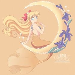 alluring artist_name bishoujo_senshi_sailor_moon blonde_hair deviantart_username female flower hair_ribbon highres looking_back_at_viewer medium_breasts mermaid minako_aino monster_girl seashell_bra smiling_at_viewer tiffany_marsou