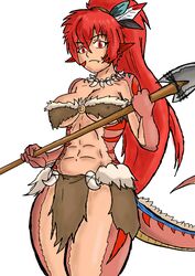 digital_media_(artwork) dinosaur dinoterra fin humanoid husa_(species) looking_at_viewer nefre_inyitrow ponytail red_hair spear spinosaurus squaretuna_(artist) tribal_costume