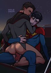 anal anal_sex ass ass balls batman_(series) bottomless bottomless_male clothed clothing damian_wayne dc dc_comics gay haledrum jon-el jonathan_kent male male_focus male_only one_eye_closed partially_clothed penetration penis penis_in_ass robin_(damian_wayne) robin_(dc) spread_legs superboy superboy_(jonathan_kent) superman_(series) yaoi