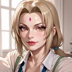 1female ai_generated blonde_hair blush face_focus naruto naruto_(series) red_lipstick sexy smiling_at_viewer tsunade