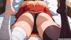 ai_generated amoraart anime ass_focus bandage bed bedroom black_panties black_thighhighs blush brown_eyes brown_hair doggystyle_pose female kono_subarashii_sekai_ni_shukufuku_wo! megumin panties solo sweat sweaty_body sweaty_skin thighhighs