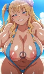 1girls ai_generated bikini breasts cameltoe female female_focus female_only galko large_breasts light-skinned_female light_skin looking_at_viewer nipples oshiete!_galko-chan shiny_skin sling_bikini swimsuit thick_thighs thighs wet wide_hips yuukiai