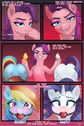 2:3 2d 3girls absurd_res anthro ball_gag blush bodily_fluids buttplug comic dialogue digital_media drooling earth_pony english_text equid equine eyeshadow female female/female female_only friendship_is_magic gag group hasbro hi_res horn horse jewelry lennonblack licking licking_lips makeup mammal mature_female my_little_pony mythological_creature mythological_equine mythology necklace pegasus plug_(sex_toy) pony rainbow_dash_(mlp) rarity_(mlp) saliva semi-anthro sex_toy spoiled_rich_(mlp) text tongue tongue_out trio unicorn wings yuri