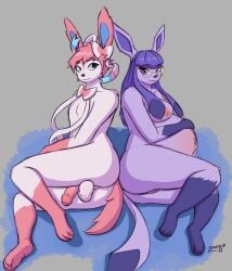 2025 4_toes 5_fingers absurd_res anthro anthrofied balls belly big_belly black_nose duo eeveelution eyewear feet female femboy fingers foreskin fur generation_4_pokemon generation_6_pokemon genitals glaceon glasses hair hi_res hindpaw humanoid_genitalia humanoid_hands humanoid_penis male male/female nintendo nipples nude nude_anthro nude_female nude_male paws penis penis_tuck pink_hair pokemon pokemon_(species) pokemorph pregnant pregnant_anthro pregnant_female purple_body purple_fur purple_hair pussy signature smile sylveon toes wearing_glasses white_body white_fur zendrid