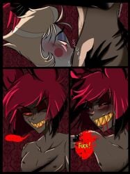 alastor_(hazbin_hotel) blood blowjob gay_blowjob hazbin_hotel helluva_boss lucifer_morningstar_(hazbin_hotel) moaning_in_pleasure naked text twink