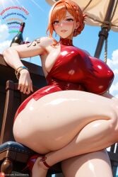 1girls ai_generated armpits big_breasts big_butt blush breasts clothing covered_nipples dress female female_only high_heels huge_breasts nami nami_(one_piece) one_piece orange_hair outdoors patreon red_dress shiny_skin sideboob skindentation solo tattoo thick_thighs ul7990 wine wine_bottle wine_glass