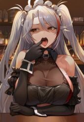 ai_generated angry antenna_hair azur_lane bar big_breasts choker disgusted female finger_in_mouth gloves inside looking_to_the_side maid maid_headdress maid_outfit maid_uniform mole_on_breast open_mouth orange_eyes prinz_eugen_(azur_lane) shaded_face sleeveless sleeveless_dress solo streaked_hair tagme teeth tongue tongue_out two_side_up white_hair