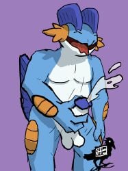 amphibian anthro bodily_fluids cum ejaculation generation_3_pokemon genital_fluids hi_res male masturbation mouth nintendo nolmol open_mouth pokemon pokemon_(species) solo swampert