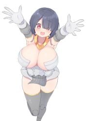 1girls arms_out big_breasts black_hair blush breasts bullet_knights_executioner_bride cleavage eyebrows eyebrows_visible_through_hair eyes_visible_through_hair facing_viewer female female_focus female_only hair_over_one_eye huge_breasts joints large_breasts light-skinned_female light_skin loincloth looking_at_viewer megami_device red_eyes short_hair simple_background solo standing standing_on_one_leg subten thick_thighs thighs white_background