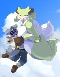 1boy 1girls 2021 anthro armor between_breasts blep blood bodily_fluids breast_smother breasts canid canine canis closed_eyes clothing cloud domestic_dog dragon duo featureless_breasts female flying footwear halo_horns hi_res horn hug i_was_banished_from_the_party_and_became_the_leader_of_the_strongest_female_dragon_party! kemono knight larger_female male male/female mammal melee_weapon mythological_creature mythology nose_bleed nosebleed scalie shoes size_difference sky smaller_male smile smothering sweat sword tokumori_kaisen tongue tongue_out traveller_(kame_3) warrior weapon wind_dragon_(kame_3)