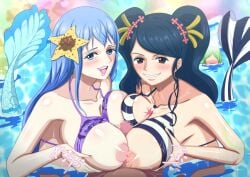 2girls big_breasts boobjob double_paizuri hari. ishilly mermaid mero_(one_piece) nipples one_piece paizuri