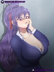 1girl 1girls akeno_himejima arm_below_breasts arm_under_breasts big_breasts black_hair blush blushing boobs breasts cleavage dillytrixart female female_focus female_only glasses glasses_on_head hand_on_face high_school_dxd long_hair massive_breasts ponytail purple_eyes teacher teacher_outfit white_body white_skin