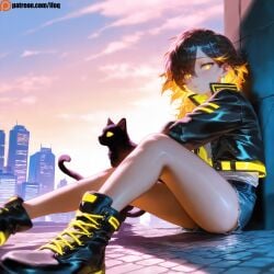 ai_generated cute feline golden_eyes jeans_shorts leather_jacket sfw short_shorts