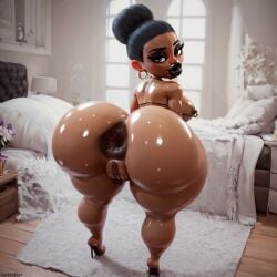 3d 3d_(artwork) ai_generated bimbo darkeffect donut_anus ebony indoors lips looking_at_viewer looking_back nude nude_female plump_lips puffy_anus rear_view shiny_skin shortstack wide_hips