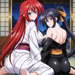 2girls ahoge akeno_himejima antenna_hair artkoikoi big_ass black_hair blue_green_eyes blush couple crimson_hair curvy female_only hair_ribbon high_school_dxd kimono large_breasts light_skin night orange_ribbon ponytail rias_gremory very_long_hair violet_eyes voluptuous yuri yuri