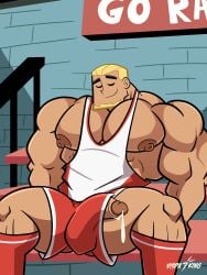 bara big_dick big_nipples blonde_hair cum dash_baxter gay homosexual male_only multiple_penises muscular muscular_male sleeping tanned_skin vispaking