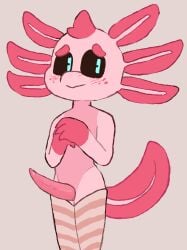 absurd_res amphibian anthro axolotl bodily_fluids clothed clothing digital_media_(artwork) genitals hi_res legwear male mammal marine mole_salamander notsafeforwanking penis pink_body salamander shy simple_background smile solo stockings tail thigh_highs