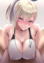 1boy :q andouyu blonde_hair blue_eyes blush breasts collarbone competition_swimsuit covered_nipples eyebrows_visible_through_hair eyes_visible_through_hair female large_breasts looking_at_viewer nipples_visible_through_clothing one-piece_swimsuit original paizuri ponytail short_hair straight swimsuit tongue tongue_out