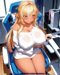 ai_generated blonde_hair blush computer computer_monitor covered_nipples dark-skinned_female elf elf_ears furrowed_brow gaming gaming_chair hand_under_breasts heart-shaped_pupils hololive hololive_japan huge_breasts imminent_impregnation imminent_interracial imminent_sex large_breasts mature_female motion_lines nervous oversized_clothes oversized_shirt patreon patreon_username pointy_ears pov pregnancy_test red_eyes room shiranui_flare silvesta stable_diffusion steam steaming_body thick_thighs thighs trembling two_tone_hair wavy_mouth wet_clothes white_hair