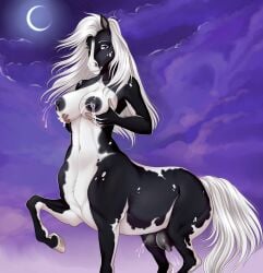 absurd_res big_breasts big_nipples blue_eyes bodily_fluids breasts equid equid_taur equine equine_taur female freya_(raptors-muffin474) hair hi_res holding_breast horse horse_taur lactating light mammal mammal_taur moonlight mottled nipples piebald purple_sky sky solo taur teats udder_lactation udders velvet_requiem white_hair