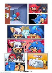 2boys 2girls anthro ass balls bodily_fluids breasts bromance comic exposed_torso female footwear genderswap genitals group handwear heart hi_res humanoid knuckles_the_echidna locker_room male missphase mostly_nude oral penis rouge_the_bat rule_63 shadow_the_hedgehog sonic_(series) sonic_the_hedgehog sonic_the_hedgehog_(series) sonique_the_hedgehog sonknux straight sweat wholesome