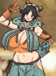 1girls black_hair breast_curtains breasts chatacabra_armor cleavage gigantic_breasts light-skinned_female light_skin looking_at_viewer miruyuyo monster_hunter monster_hunter_wilds shorter_than_10_seconds solo tagme vertical_video video w wink