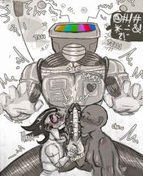 anon antennae_(anatomy) balls balls_fondling big_penis cum cumming cumshot cursing deltarune fondling_balls gloved_hands jacob's_ladder kissing_penis letttusse licking_penis male oc_x_canon penis robot_humanoid robot_penis self_insert size_difference spamtenna spamton_g_spamton tail tenna_(deltarune) text threesome tv_head y/n you