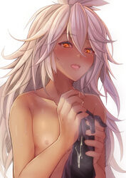 bangs bare_shoulders black_gloves blush breasts cowlick dark_skin female gloves granblue_fantasy hair_between_eyes handjob highres large_breasts long_hair medium_breasts nipples nude open_mouth orange_eyes red_eyes smile white_background white_hair yude zooey_(granblue_fantasy)