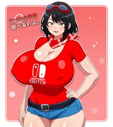 arm_at_side ass_visible_through_thighs cleavage collarbone digimon digimon_story:_time_stranger gigantic_breasts hand_on_hip hitokiwa_kenchin huge_ass kanan_yuki narrow_waist nintendo_switch smile t-shirt thick_thighs wide_hips yuuki_kanan