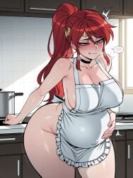 11_22 ai_generated apron bent_over biting_lip black_choker blush choker drooling embarrassed frilled_apron green_eyes half-closed_eyes hand_on_stomach headwear heart heavy_breathing huge_breasts kitchen large_breasts long_hair looking_down motion_lines naked_apron ponytail pregnant pyrrha_nikos red_hair red_hair rwby saliva spoken_blush standing thick_thighs twitching white_apron wide_hips