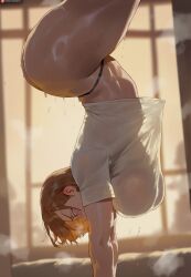 1girls ai_generated ass breasts brown_hair dat_ass female handstand huge_ass huge_breasts jujutsu_kaisen kugisaki_nobara light-skinned_female light_skin nobara_kugisaki shexyo short_hair sweat tagme upside-down