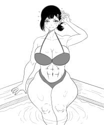 1girls abs alternate_version_available athletic_female big_breasts bikini black_and_white black_hair breasts breasts_bigger_than_head chainsaw_man clothing curvaceous curvy curvy_figure female female_only fit fit_female hairclip higashiyama_kobeni hip_dips huge_breasts hunkhanks looking_at_viewer mole mole_under_eye mole_under_mouth monochrome mostly_clothed nervous pool poolside solo solo_female tagme thick_thighs voluptuous voluptuous_female water white_background wide_hips