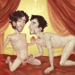 2boys abuse_of_power abused abused_male balls bedroom_eyes big_balls body_hair brown_hair chandelier confused curly_hair digital_media_(artwork) digital_painting_(artwork) ducky_the_dullard flirtatious flirting_look gay gay_handjob grabbing_penis green_eyes handjob harassment hazel_eyes horrified horrified_expression large_penis male_only mr_shrink nude_male red_cloth red_sheets scared sexual_harassment skinny skinny_male straight_hair surprised uncensored unwanted_attention unwanted_erection unwilling_participant yellow_background