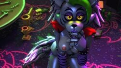 3d 4k animatronic bedroom_eyes disboi215 diva finger_in_mouth five_nights_at_freddy's five_nights_at_freddy's:_security_breach fnaf glowing_eyes green_hair grey_body highres looking_at_viewer on_knees pink_nipples red_shoulder_pads robot roxanne_wolf_(fnaf) sfm shoulder_pads silver_body silver_hair source_filmmaker spiked_belt spiked_bracelet yellow_eyes