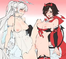 2girls areolae blue_eyes breasts female female_only halo horns kenshin187 multiple_girls nipples pussy red_hair ruby_rose rwby silver_eyes spread_legs sweat tribadism weiss_schnee white_hair yuri