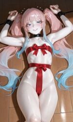 ai_generated arms_restrained blue_eyes blue_hair blush cameltoe choker covered_nipples covered_pussy fit_female from_above gift_wrapped handcuffed large_hips looking_at_viewer on_back on_floor original_character pale-skinned_female pale_skin pink_hair plopendil red_ribbon restrained small_breasts smile sweatdrop