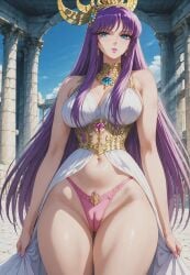 1girls accessories accessory aesthetic ai_generated athena_(saint_seiya) blue_eyes clothed clothed_female clothing deity dress female female_deity female_focus female_only goddess heroine legs lips long_hair long_purple_hair panties pink_panties purple_hair pussy saint_seiya saori_kido shounen_jump shueisha solo solo_female solo_focus thighs toei_animation voluptuous voluptuous_female weekly_shonen_jump weekly_shounen_jump white_dress wide_hips