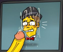 anonymous_male black_hat blush bodyless brown_hair cock conrad_(the_simpsons) cum cum_on_face cum_on_screen dick gay glasses head_only jerking_off medium_penis neillol objectum penis penis_out pink_tip precum red_bowtie self_upload shocked simple_background sweat sweating tablet the_simpsons vein veiny_penis yellow_skin