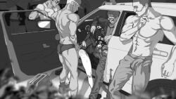 5boys ass blush bulge car cigarette cum cum_in_pussy erection erection_under_clothes fellatio female gangbang goggles goggles_on_headwear greyscale group_sex gun hat highres holding holding_cigarette hutamaru kino_(kino_no_tabi) kino_no_tabi monochrome motor_vehicle multiple_boys muscular muscular_male oral penis rifle sex short_hair standing standing_sex straight weapon