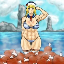 abs big_boobs bikini bikini_girl blonde_hair blonde_hair_blue_eyes blue_eyes boobs braided_hair braids breasts flexing flexing_bicep flexing_muscles franktonius guild_girl kathy_(monster_hunter) meat monster_hunter monster_hunter_3_ultimate muscle_girl muscles muscular muscular_female sailor sailor_girl steam steaming stockings stripes swimsuit tits