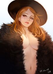 breasts cleavage hat looking_at_viewer orange_hair taekwon_kim