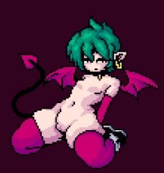 choker collar demon demon_girl earrings female girl green_hair imp pale_skin petite pixel_art pointy_ears tail thick_thighs thighhighs wings