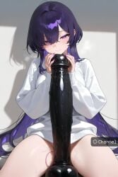 ai_generated big_penis black_penis dildo hi_res original_character purple_hair thick_thighs white_shirt